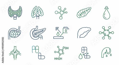 Medical icons representing organs, molecular structures, and pharmaceutical concepts for health and science