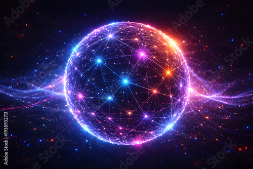 Futuristic glowing sphere formed by connected nodes and lines representing global digital networks, artificial intelligence systems and data communication.
