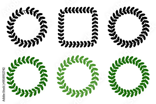 Collection of Black and Green Leafy Wreath and Square Frames