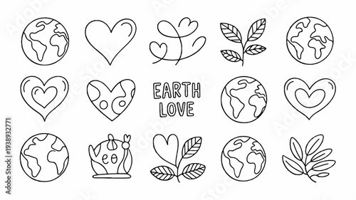Earth love icons set with hearts leaves and globes for eco friendly and environmental concepts