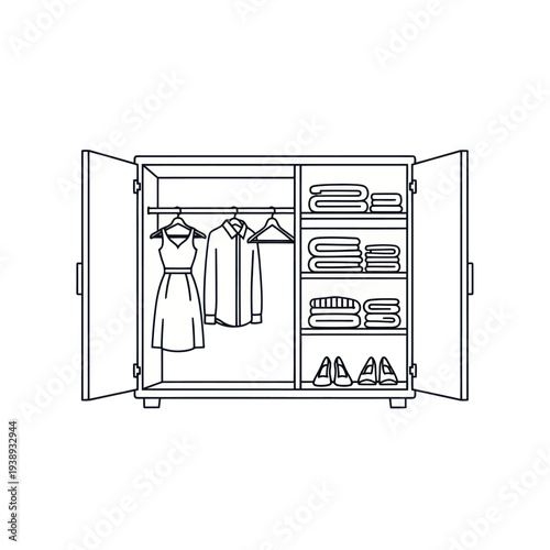 Minimalist line art illustration of open wardrobe with clothing