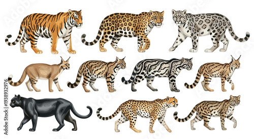 Collection of Big Cats and Wild Felines Diverse Species Displayed Together in Artistic Illustration