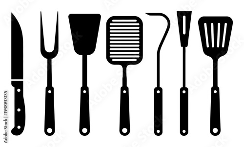 Silhouette of Barbecue Utensils: Knife, Fork, Spatulas, and Tongs