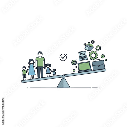 Family and work items on unbalanced seesaw illustration