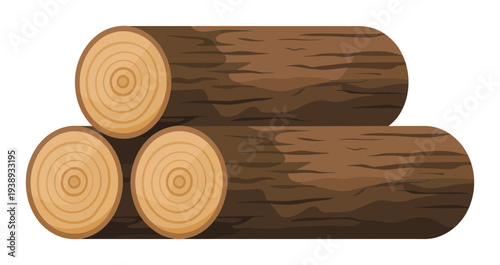 Stacked Logs with Visible Grain and Rings, Isolated on White Background
