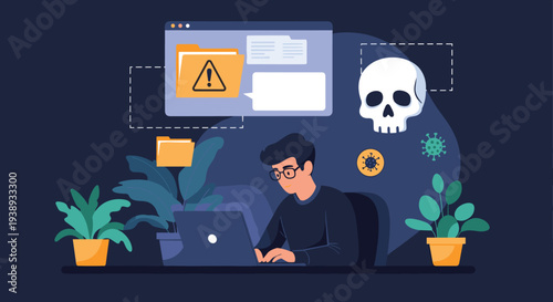 Young man works on his laptop while being surrounded by dangerous malware icons like skulls viruses and warning signs of a cyber attack.