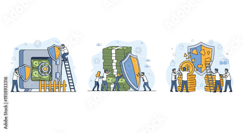 Diverse groups of people work together to protect financial assets and savings using large blue shields against potential economic threats.