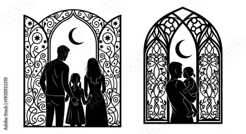 Set of 2 Ramadan family silhouette icons vector