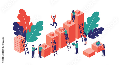 Team of tiny workers builds a rising bar chart using red blocks to symbolize business growth success and corporate progress over time.