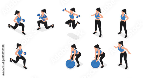 Sporty woman performs a variety of isometric fitness exercises including lunges jumps and workouts with a blue medicine ball on white.