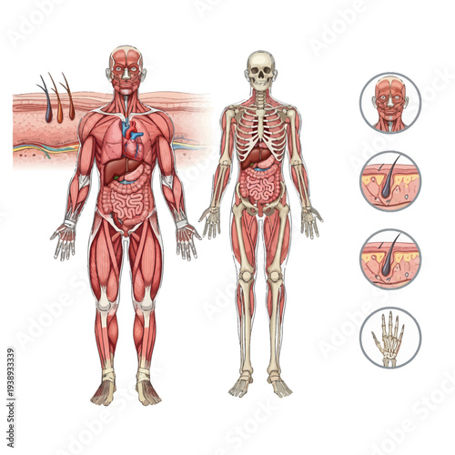 Detailed anatomical illustration of the human muscular and skeletal systems with cross-section of skin and hair follicles