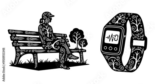 Set of 2 black and white vector illustrations