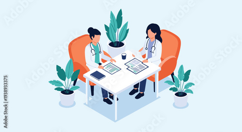 Two professional female doctors sit at a white desk reviewing medical records and patient data while discussing healthcare strategies.