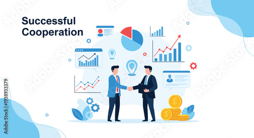 Business partners shake hands to celebrate successful cooperation in front of a background filled with financial growth charts and icons.