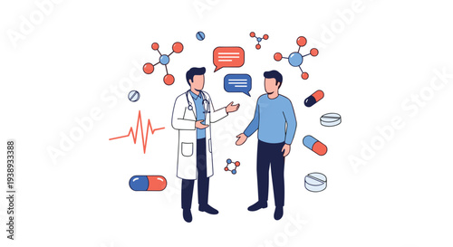 Healthcare professional in a white coat provides medical advice to a patient surrounded by various medicine pills and health monitoring icons.
