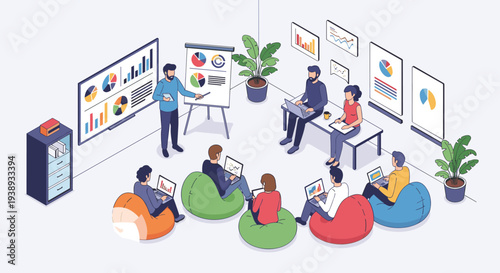 Group of professionals attends a corporate training session where a speaker presents data analytics and growth charts on a whiteboard.