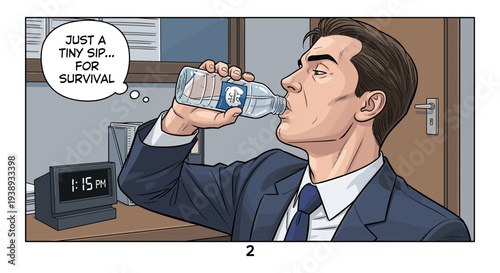 Vector illustration of businessman drinking water at office desk