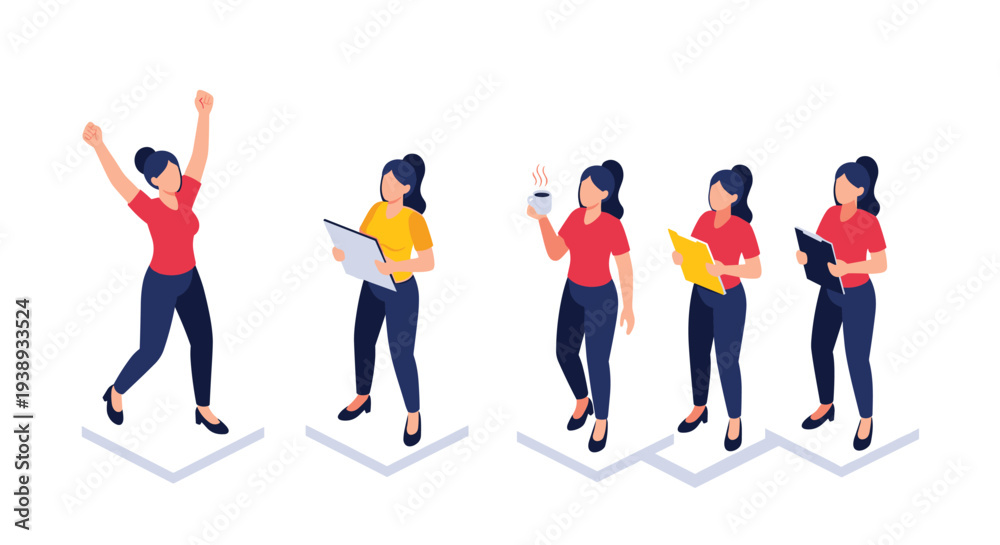 Fototapeta premium Professional woman character set shows the same person in different work-related poses like celebrating reading and drinking coffee.