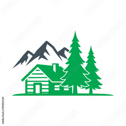 Cabin Log House Forest Trees Mountains Illustration.