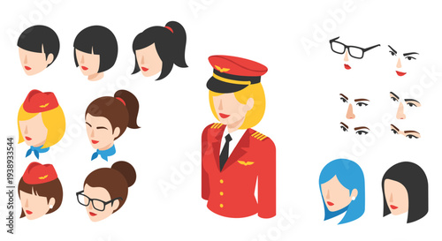 Aviation career character kit includes a female pilot or flight attendant with various head options hats and facial expressions for design.