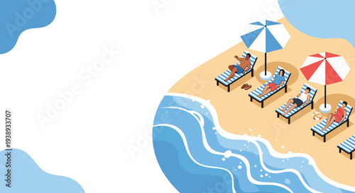 Group of tourists relaxes on striped sun loungers under colorful umbrellas on a sandy beach next to the blue ocean waves during summer.