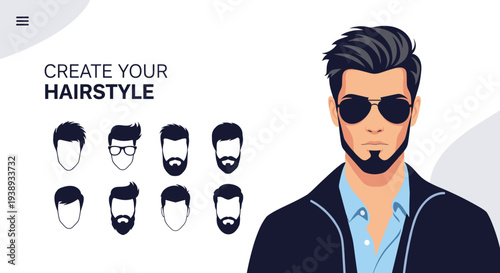 User interface for a male grooming application allows users to create their own hairstyle by choosing from various beard and hair options.