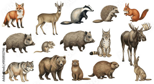 Collection of diverse wild forest animals including fox deer badger hedgehog squirrel boar lynx moose wolf bear beaver hare and mouse