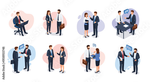 Set of professional business people shown in various isometric interactions such as talking working on laptops and shaking hands.