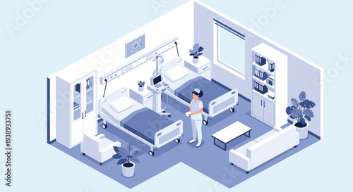 Clean and modern hospital ward features two patient beds medical monitoring equipment and a nurse standing in the middle of the room.