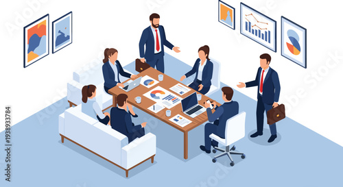 Diverse business team discusses strategic goals and financial reports while sitting around a conference table with their manager standing.