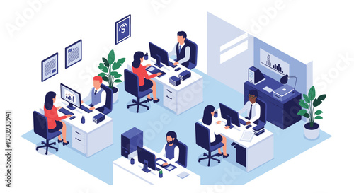 Diverse business employees working in a modern isometric open plan office environment with desks, computers, and important documents.