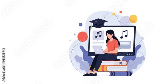 Young student sitting on a large stack of books while learning music through an online education platform on a personal laptop.