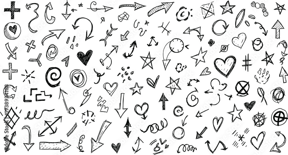 Fototapeta premium A collection of various hand drawn doodles and symbols on a white background