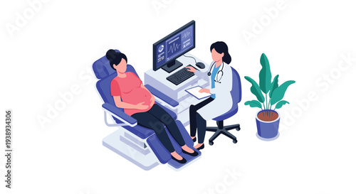Pregnant woman receiving a medical checkup and ultrasound scan from a female doctor in a modern clinical office setting with equipment.