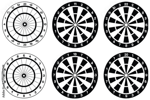 Dartboard game clipart set, featuring blank and numbered dartboards, ideal for sports graphics, game illustrations, and vector design projects.