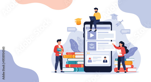 Group of students and professionals using digital platforms and books for online education and achieving academic degree success.