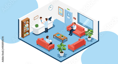 Modern isometric medical facility interior featuring a reception desk and patients waiting for their healthcare checkup appointments.
