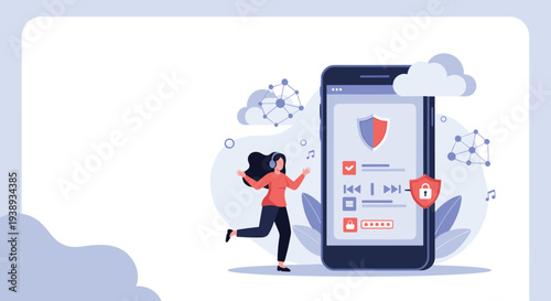 Happy woman enjoying music on her phone with enhanced digital security features and data protection shield icons on the screen.