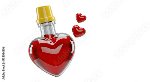 Heart-shaped bottle of red liquid with hearts floating