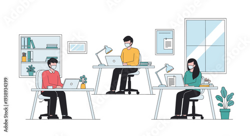 Business employees working at safe distances while wearing protective face masks in a modern and clean office workspace environment.