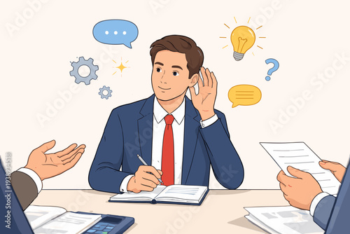 Professional businessman in a suit practicing active listening during a corporate meeting, taking notes while processing information with icons of lightbulb, gears, and speech bubbles for success.