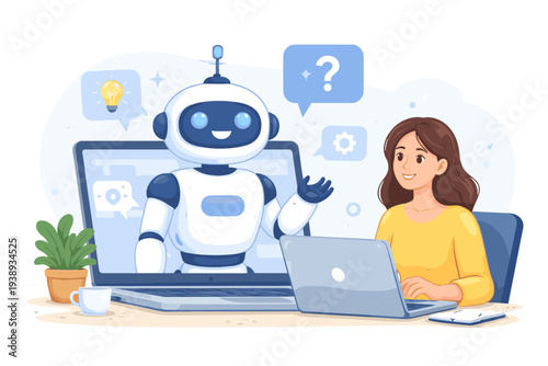 Woman Interacting with AI Chatbot on Laptop for Customer Support and Assistance, Artificial Intelligence Robot Helping User Solve Problems with Virtual Chat Interface and Smart Digital Technology