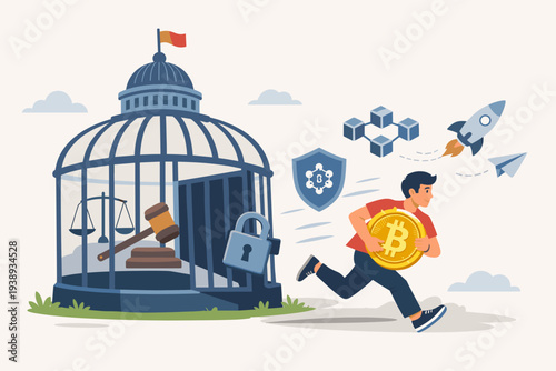 Man escaping government regulation cage with Bitcoin coin, representing decentralized finance, blockchain technology, legal control, financial freedom, and the future of digital currency assets.