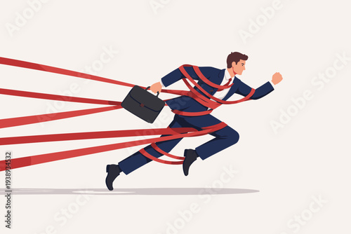 Businessman in a suit running forward while being held back by red tape ribbons, symbolizing corporate bureaucracy, career obstacles, professional struggle, and overcoming business challenges.