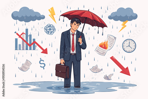Sad businessman in suit holding red umbrella amidst storm of financial crisis, falling stock market charts, burning documents, and lightning, representing professional failure, stress, and burnout.