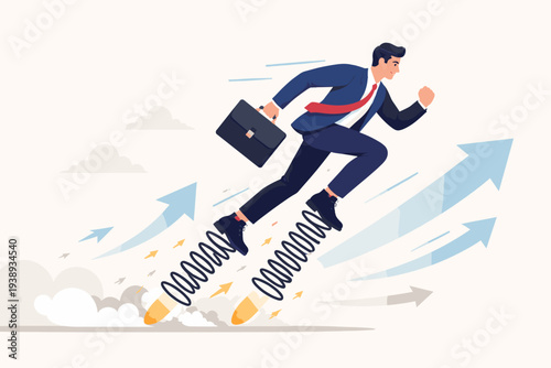 Businessman jumping high with springs on shoes for rapid career growth, business efficiency booster, increase productivity and performance, innovation and success concept vector illustration