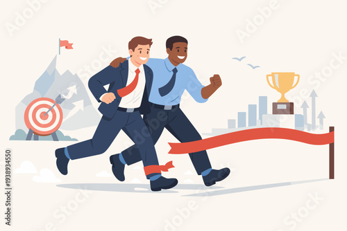 Two diverse businessmen in a three-legged race crossing the finish line together, representing trusted partnership, teamwork, and unity to achieve success, mentorship, and mutual corporate support.