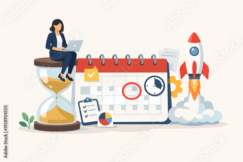 Businesswoman sitting on hourglass with laptop near calendar and rocket launch. Concept of time management, project deadline, startup planning, work productivity, and scheduling tasks for success.