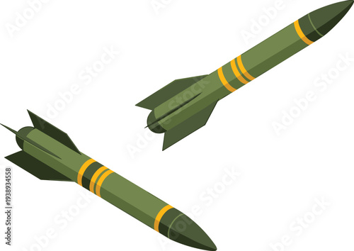Two Green Missiles with Yellow Rings on a White Background rocket military