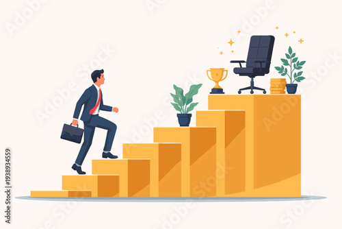 Businessman in suit climbing golden stairs toward a leadership chair, trophy, and money. Concept of career growth, job promotion, professional development, success, and corporate ambition goals.